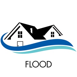 Graphic of house with water and text labelling it as Flood
